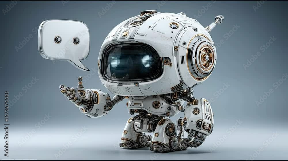 Poster robot with speech bubble illustrating ai client onboarding concept as a robotic assistant managing u