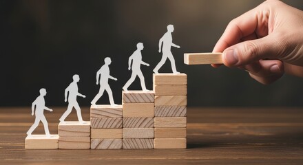 Building Blocks to Success: Visualizing Career Progression with Wooden Stairs and Supportive Hand