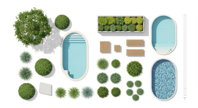 An overhead view of a modern garden design with pools and plants