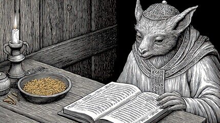 Grayscale Illustration of a Goblin Reading a Book in a Dimly Lit Room