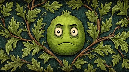 Grumpy Green Character Amidst Lush Green Foliage