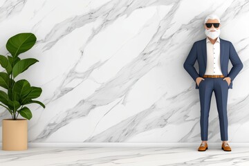 Low Poly Businessman in Navy Suit Against Marble Wall