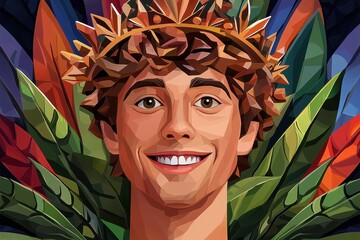 Joyful Pixel Art Portrait of a Man Wearing a Leaf Crown