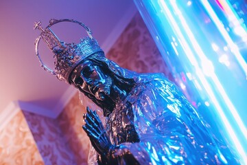 Metallic Statue in Neon Light, Silver Foil Draped, Close up