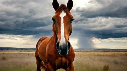 Majestic chestnut horse standing in a vast field under a dramatic sky with storm clouds - Powered by Adobe