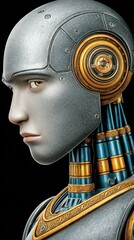 Metallic Humanoid Robot with Gold and Teal Accents