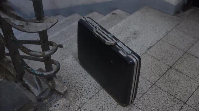 Unattended black briefcase left on a concrete stairwell. Suspicious placement, secret drop, espionage exchange, or potential threat. Evokes tension, mystery, and cinematic intrigue. money bag