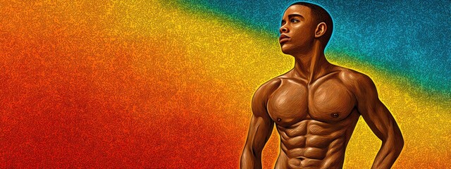 Muscular Man Posing Against Vibrant Rainbow Pointillist Background