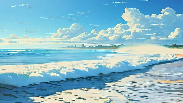 A wide-angle shot of the sandy beach in Shtrade realistis, highly detailed,ai generative