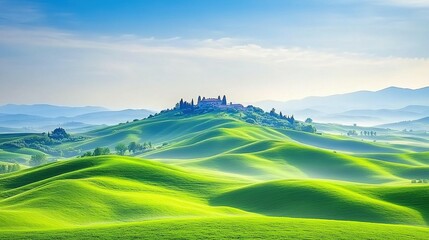 Obraz premium Picturesque landscape of rolling hills blanketed in vibrant green grass and foliage, with a quaint village situated in the valley below. A clear sky and soft sunlight accentuate the serene scenery.