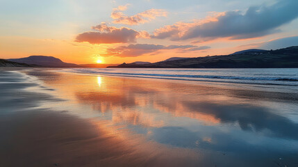 Obraz premium The sun is setting over the ocean, casting a warm glow over the beach