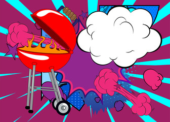 Cartoon Burning wood in barbecue grill with blank speech bubble, comic book BBQ background. Retro vector comics pop art design.