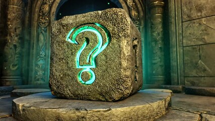 Mysterious glowing stone cube with a question mark, surrounded by ancient architecture and mystical light - Powered by Adobe