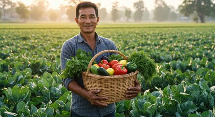 Smiling Farmer Holding Fresh Harvest Basket Surrounded by Lush Green Vegetable Field at Sunrise