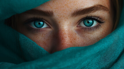 Close Up Of Woman's Captivating Blue Eyes Partially Hidden By Teal Veil