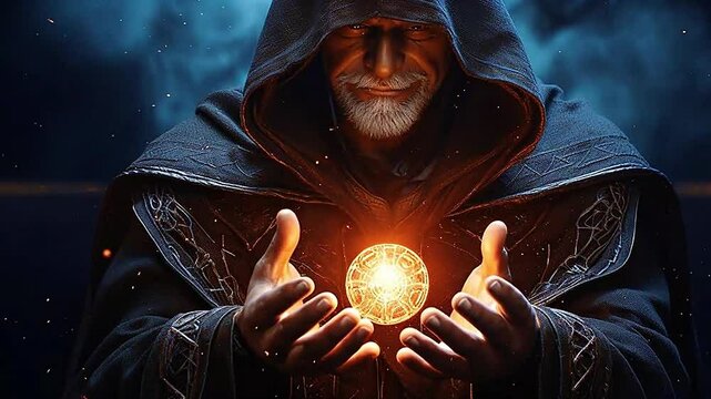 illustration in a high fantasy world, dark mage shape holding small magical cut stones with runes on it in his open hands realistis, highly detailed Video,ai generative
