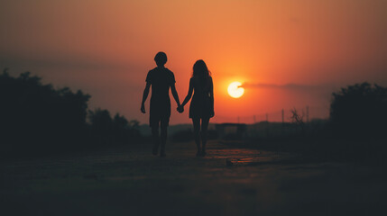 Fototapeta premium close up Silhouette of Couple Holding Hands Walking at Sunset on beach boardwalk