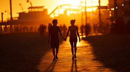 close up Silhouette of Couple Holding Hands Walking at Sunset on beach boardwalk