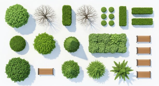 An aerial view of trees and benches isolated on white background