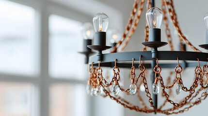 Close-up of a stylish vintage chandelier with bulbs hanging in modern home setting