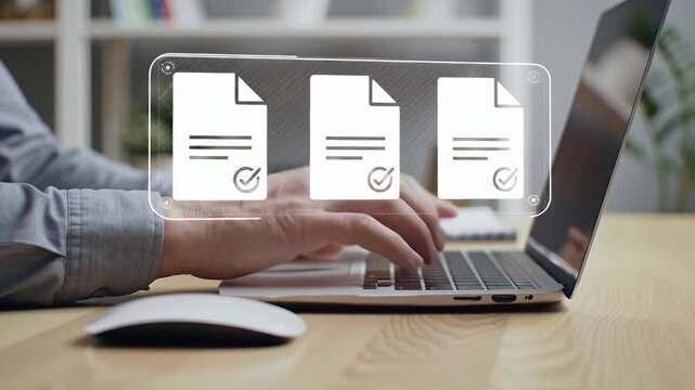 Man Reviewing Digital Documents on Laptop with Checked Icons in Bright Indoor Office with Wooden Desk and Background Bookshelf