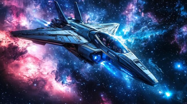 Imaginative depiction of advanced spacecraft traveling among the stars.