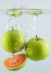 Guava fruit in water, falling into water, washing into water