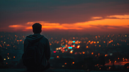 Contemplative Man Watching Sunset Over City Lights