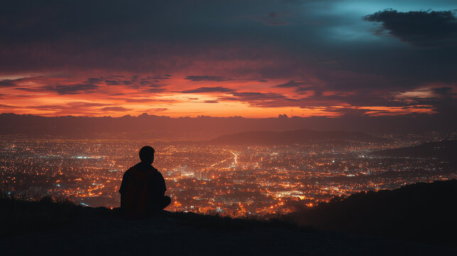 Contemplative Man Watching Sunset Over City Lights