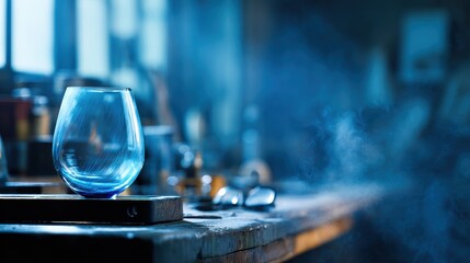 Cooling glass cup resting on iron rack in worksho