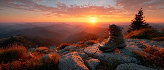 Hiking boots at sunrise over mountain range