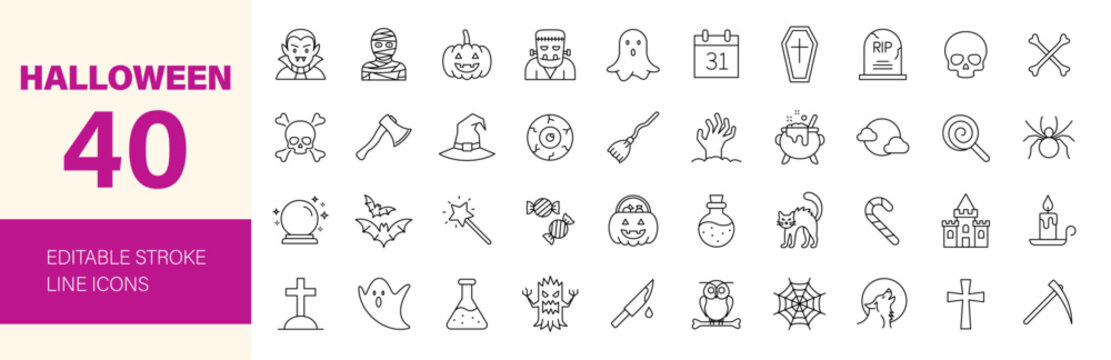 Halloween icon set. Containing pumpkin, ghost, vampire, mummy, Frankenstein, spider, skull, bone, bat, cat, witch, cemetery, candy and more. Editable line icons. Vector illustration.	 - Powered by Adobe