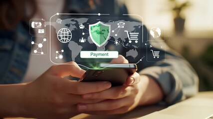 Woman Hands Holding Mobile Phone Displaying Holographic Security Shield over Table with Cozy Lighting and Modern Interior and Denim Jacket - Powered by Adobe