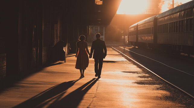 Silhouette of Couple Holding Hands Walking at Sunset in Old Train Station