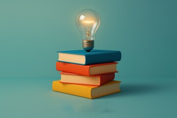 A Glowing Lightbulb on a Stack of Colorful Books. A Concept Symbolizing That Knowledge, Education, and Learning Are the Foundation for New Ideas, Innovation, and Creative Solutions