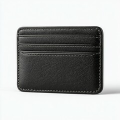 Fototapeta premium A minimalist black leather card holder with visible stitching, featuring several card slots, photographed against a plain white background.