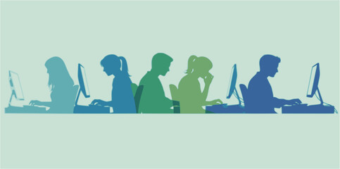 A row of colorful silhouettes showing diverse people working on computers at their desks in a modern office environment.