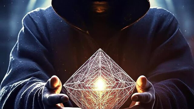illustration in a high fantasy world, dark mage shape holding small magical cut stones with runes on it in his open hands realistis, highly detailed Video,ai generative