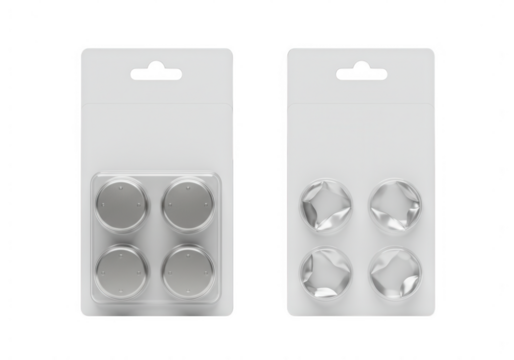 Two blister packs of button cell batteries one with intact batteries and one with damaged batteries isolated on transparent background