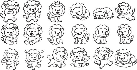 Cute Cartoon Lion Set in 4 Poses Simple Black and White Line Art for Kids Coloring Book | Generative AI