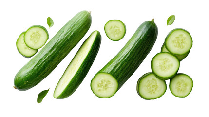 Whole Cucumbers, Halved Cucumbers, and Cucumber Slices on Transparent Background

