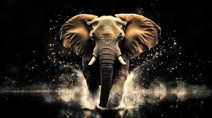A stunning surreal illustration showcasing a majestic elephant in mid-leap against a stark black backdrop.