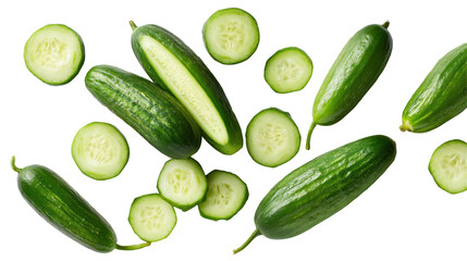 Whole Cucumbers, Halved Cucumbers, and Cucumber Slices on Transparent Background

