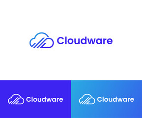 A modern and clean technology logo featuring a stylized cloud icon with diagonal lines, symbolizing digital connectivity, cloud computing, and software services. The gradient blue and purple color sch