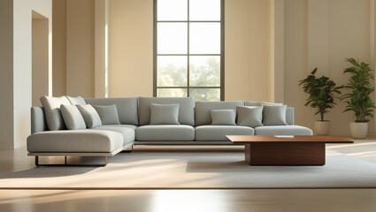 Light gray sectional sofa and coffee table in a modern living room.