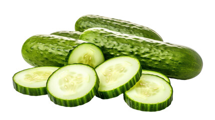 Whole Cucumbers, Halved Cucumbers, and Cucumber Slices on Transparent Background

