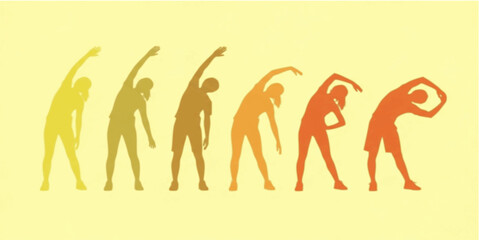 Silhouetted figures performing stretching exercises with a gradient color scheme.