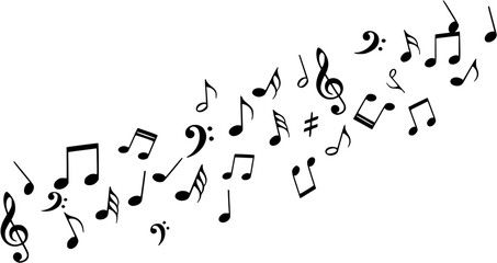 A chaotic arrangement of black musical notes flowing across a white background.