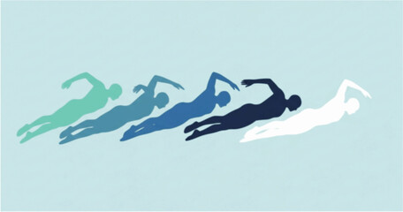 Silhouetted swimmers in various shades of blue, gliding through water.