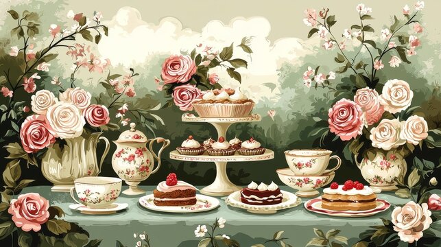 A whimsical Victorian tea party showcased with floral teacups and delightful treats.